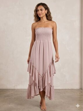Smocked Strapless Midi Dress with Ruffle Tiers in Dusty Rose